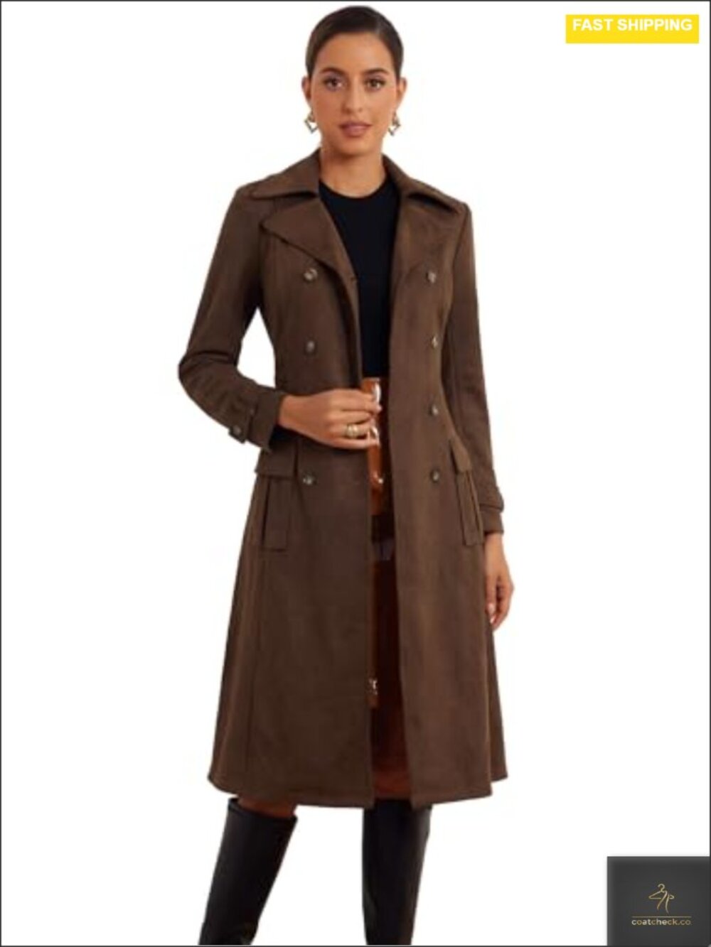 Faux Suede Trench Coat Long Winter Double Breasted Ankle Length Notched Lapel